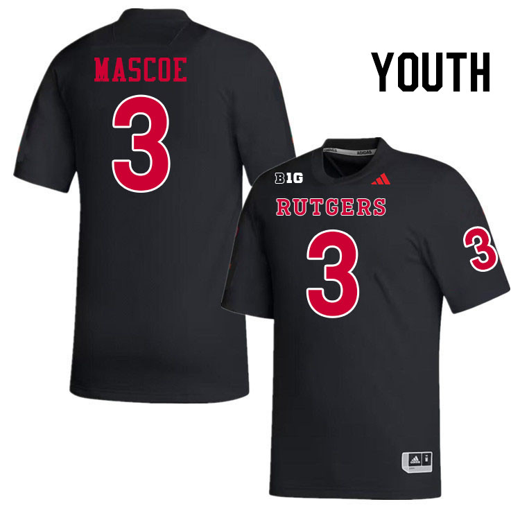 Youth #3 Bo Mascoe Rutgers Scarlet Knights 2024 College Football Jerseys Stitched-Black